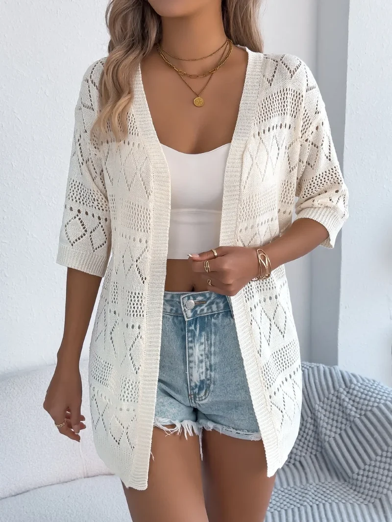 Cardigan ajouré à manches mi-longues et ouvert sur le devant
