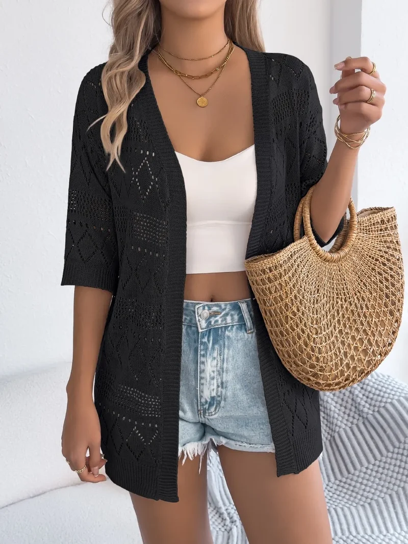 Cardigan ajouré à manches mi-longues et ouvert sur le devant