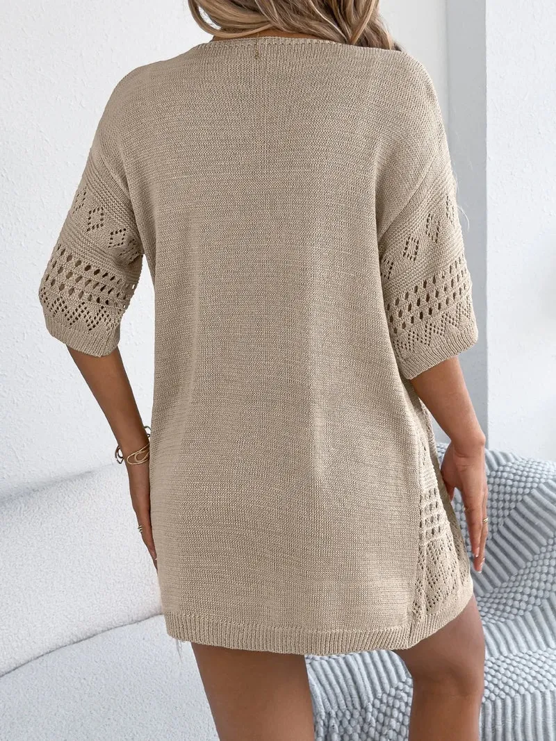 Cardigan ajouré à manches mi-longues et ouvert sur le devant