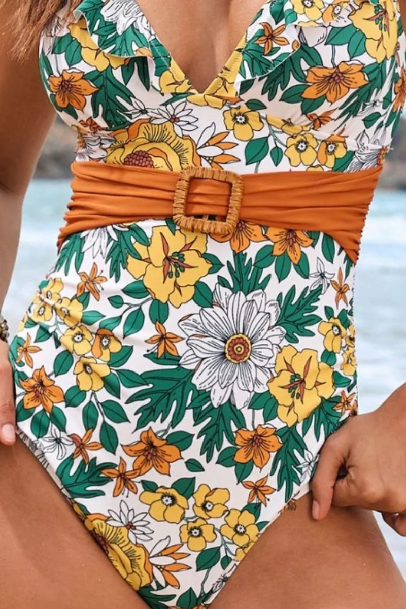 Maillot de bain une pièce à volants et décolleté plongeant à fleurs