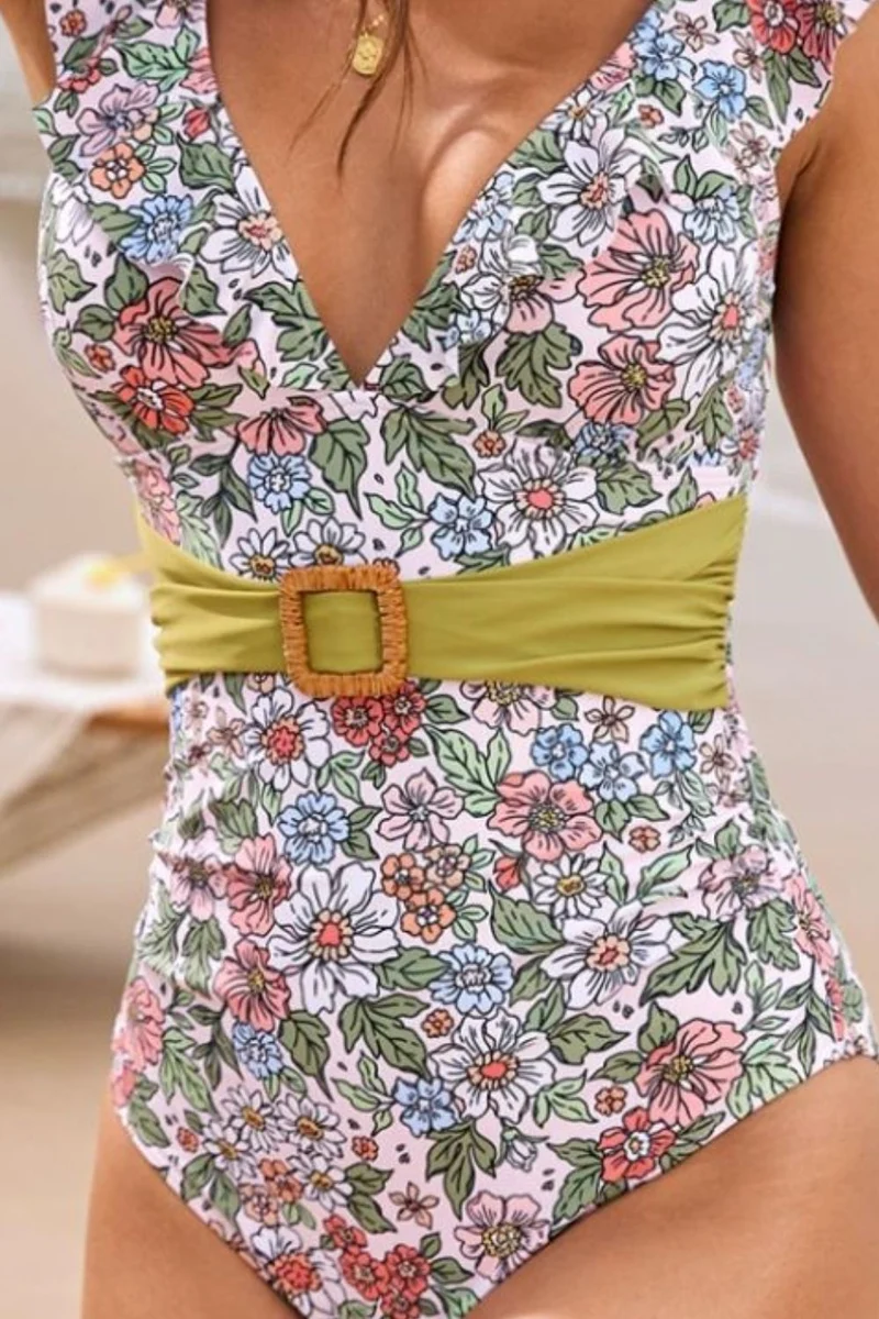 Maillot de bain une pièce à volants et décolleté plongeant à fleurs