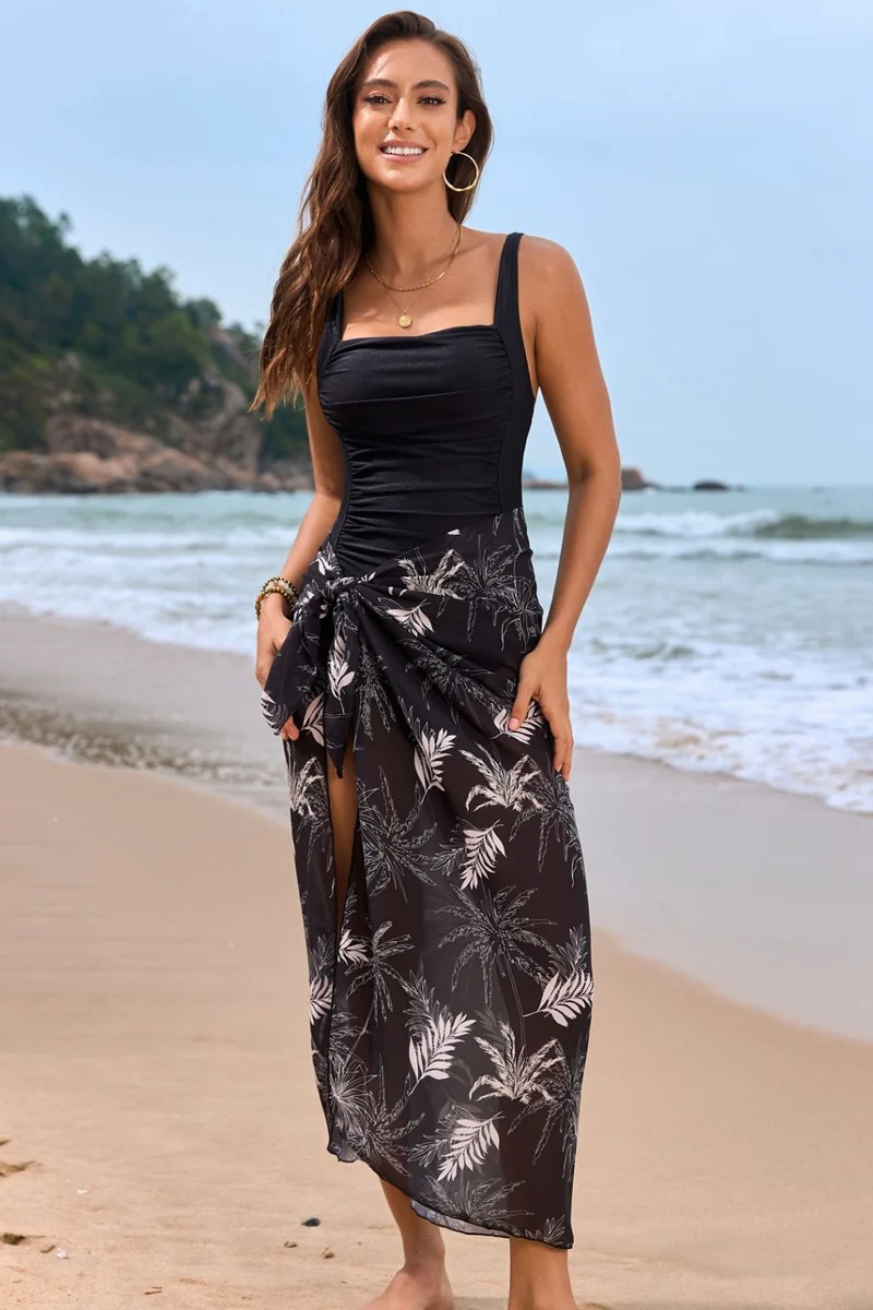 Maillot de bain une pièce imprimé à col carré et ensemble de plage cache-maillot