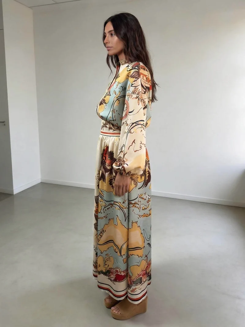 Retro Map Print Lantern Sleeve Shirt