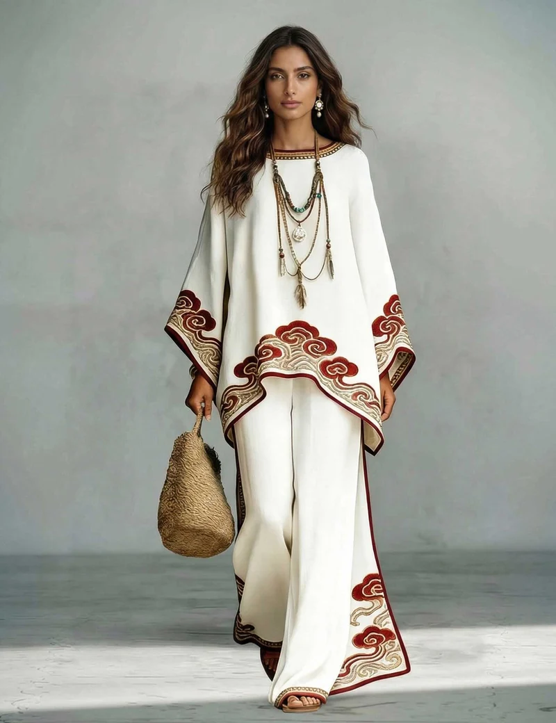 Elegant Satin Cloud Print Loose Kaftan Top & Pants Two-Piece Set