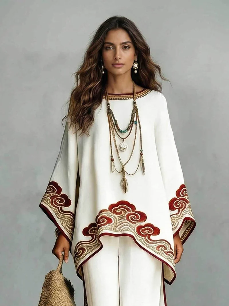 Elegant Satin Cloud Print Loose Kaftan Top & Pants Two-Piece Set