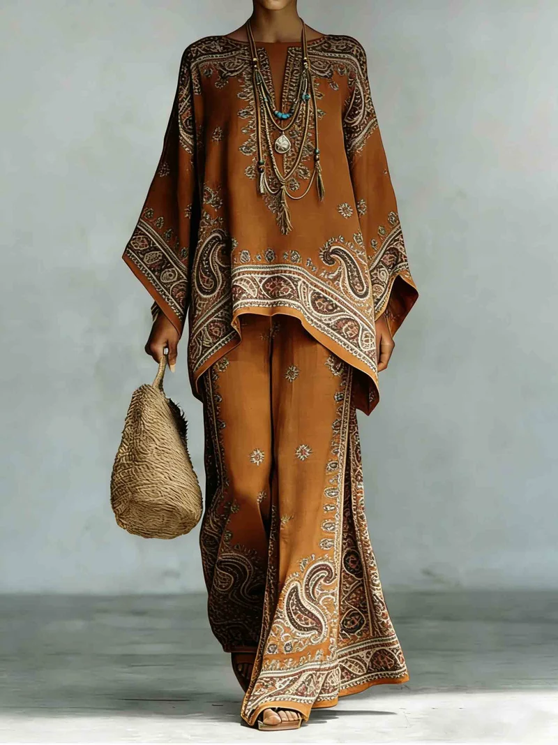 Bohemian Paisley Print Batwing Sleeve Two-Piece Set