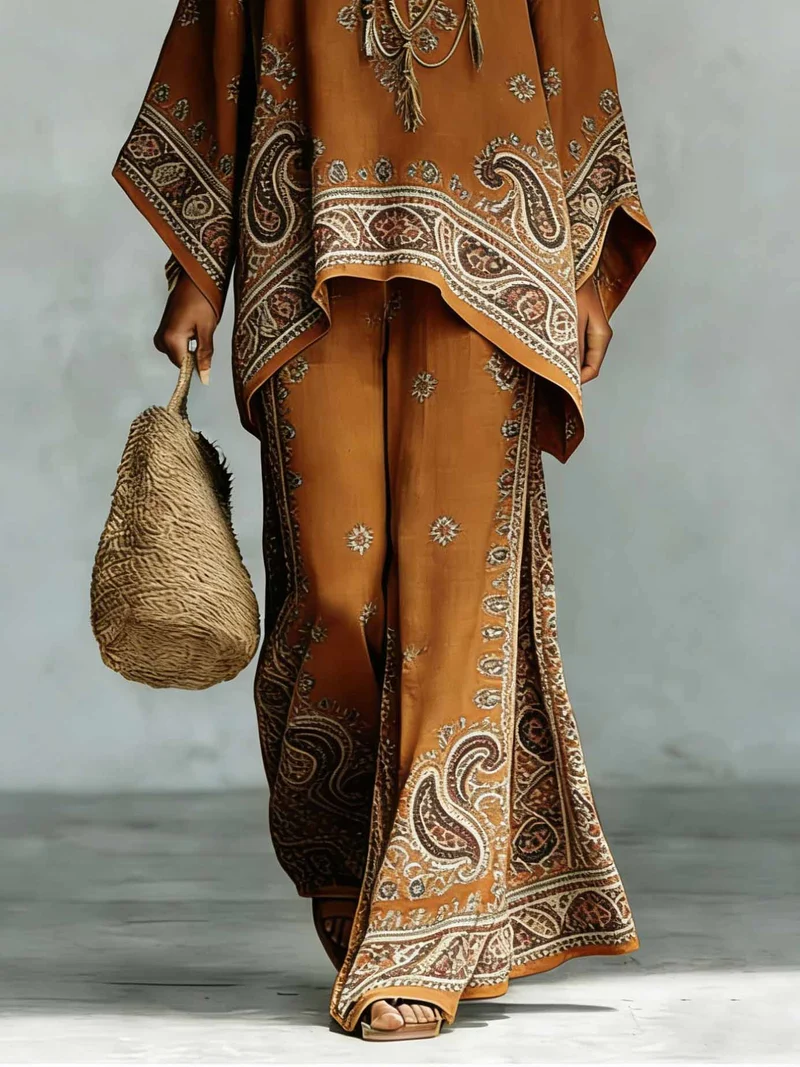 Bohemian Paisley Print Batwing Sleeve Two-Piece Set