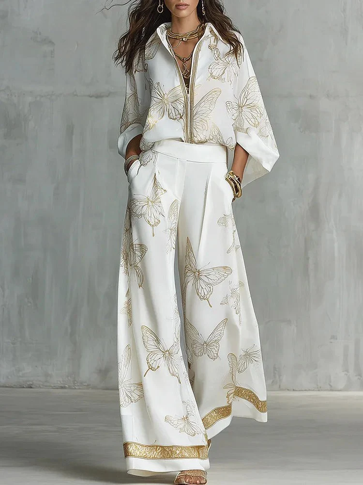 Elegant Butterfly Print Zip-Up Top & Wide Leg Pants Set