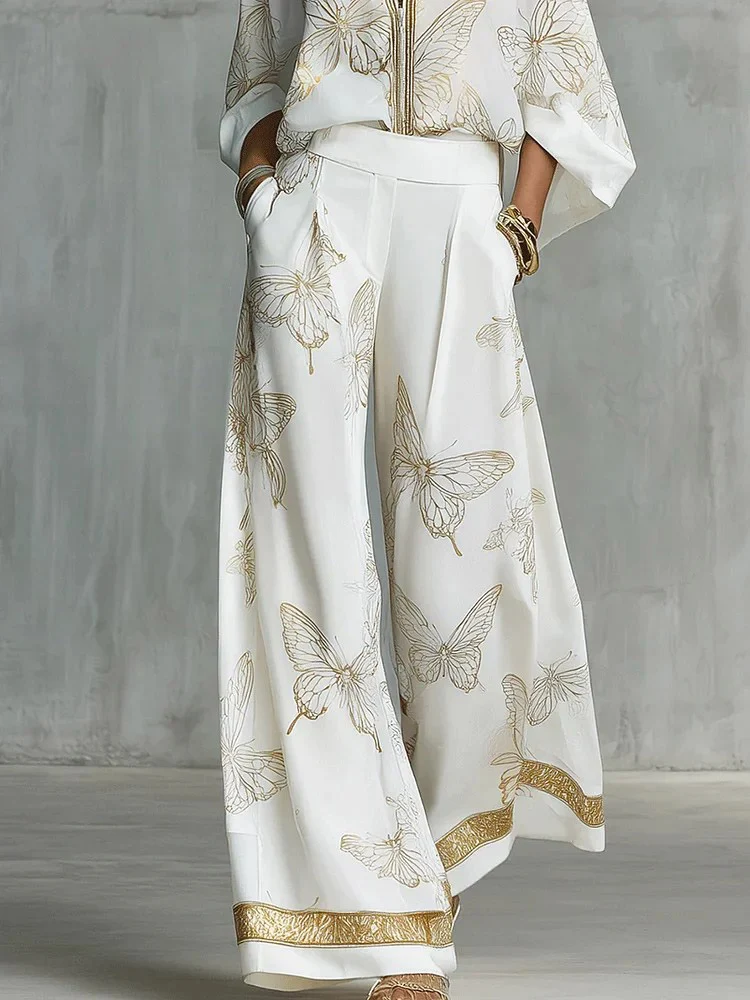 Elegant Butterfly Print Zip-Up Top & Wide Leg Pants Set