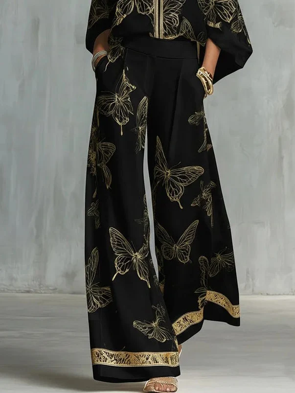 Elegant Butterfly Print Wide-Leg Pants
