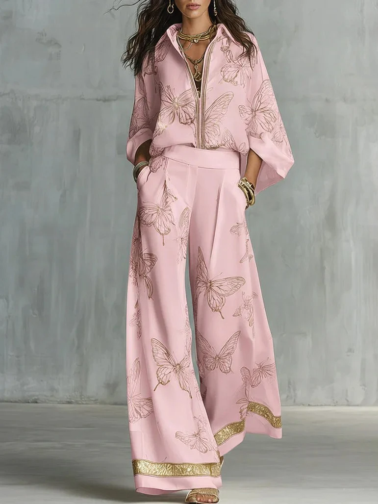Elegant Butterfly Print Wide-Leg Pants