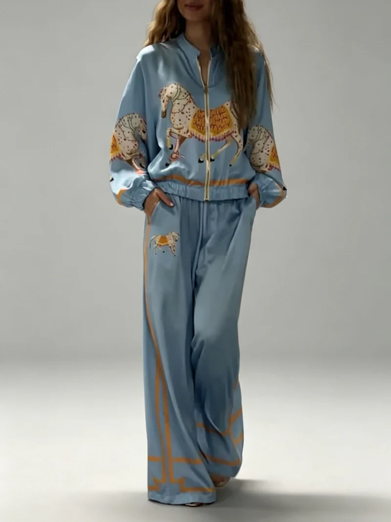 Exquisite Satin Horse Print Zip Jacket & Wide-Leg Pants Two-Piece Set