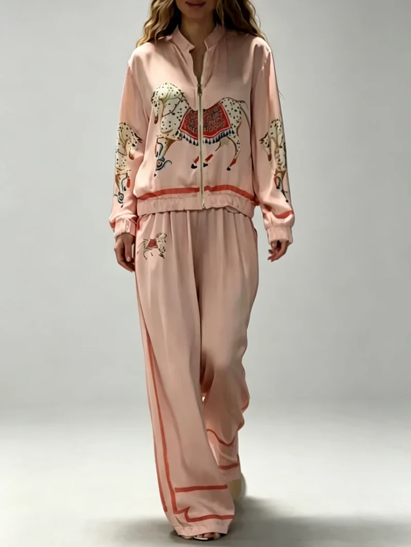 Exquisite Satin Horse Print Zip Jacket & Wide-Leg Pants Two-Piece Set