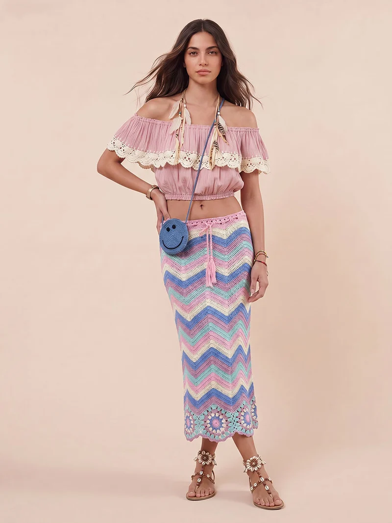 Bohemian Ruffle Crop Top & Crochet Herringbone Skirt Two-Piece Set