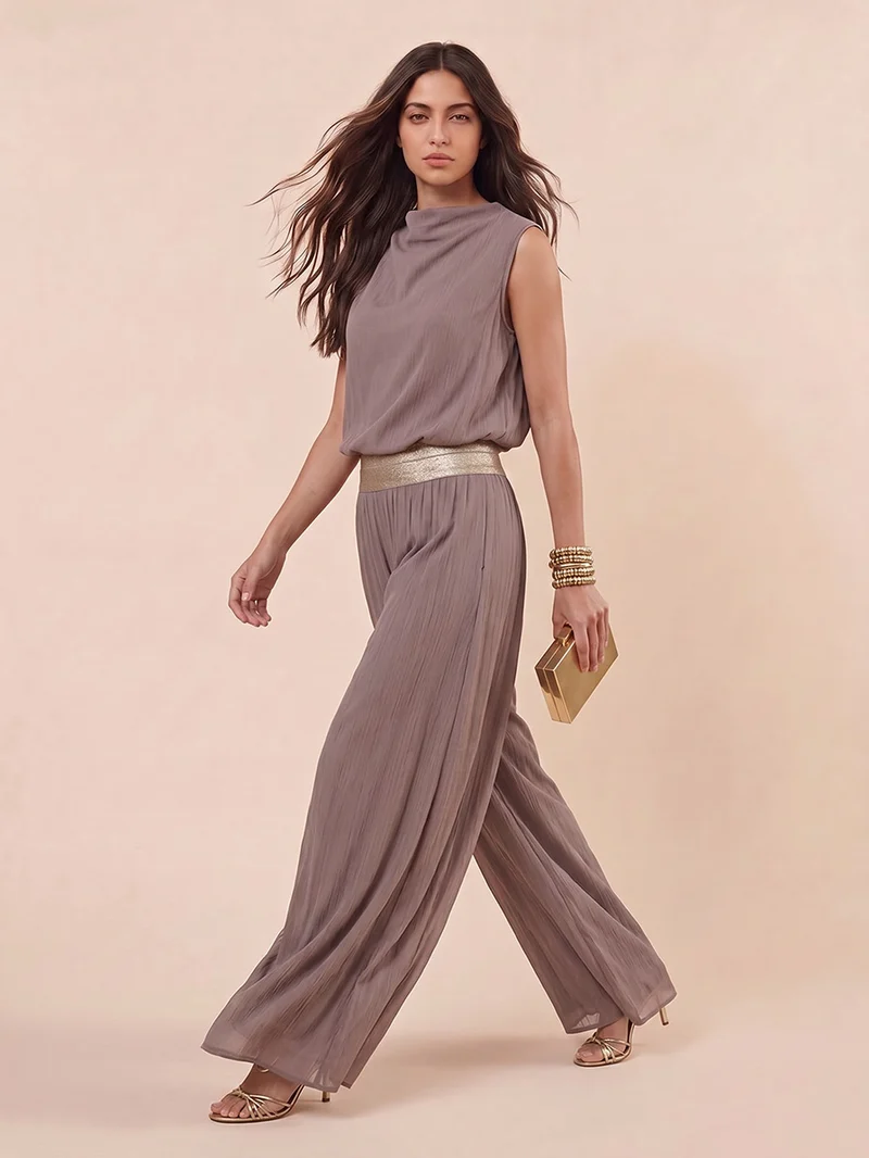 Casual Sleeveless Top & Gold Belt Flowing Wide-Leg Pants Two-Piece Set