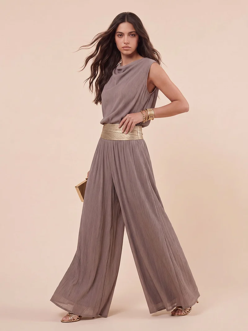 Casual Sleeveless Top & Gold Belt Flowing Wide-Leg Pants Two-Piece Set