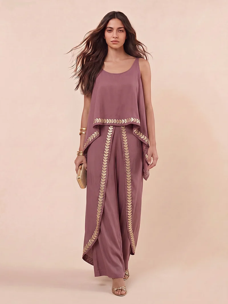 Bohemian Embroidered Layered Top & Wide-Leg Pants Two-Piece Set