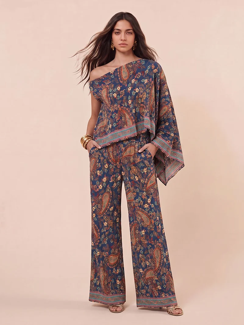 Bohemian Paisley Off-Shoulder Top & Wide-Leg Pants Two-Piece Set