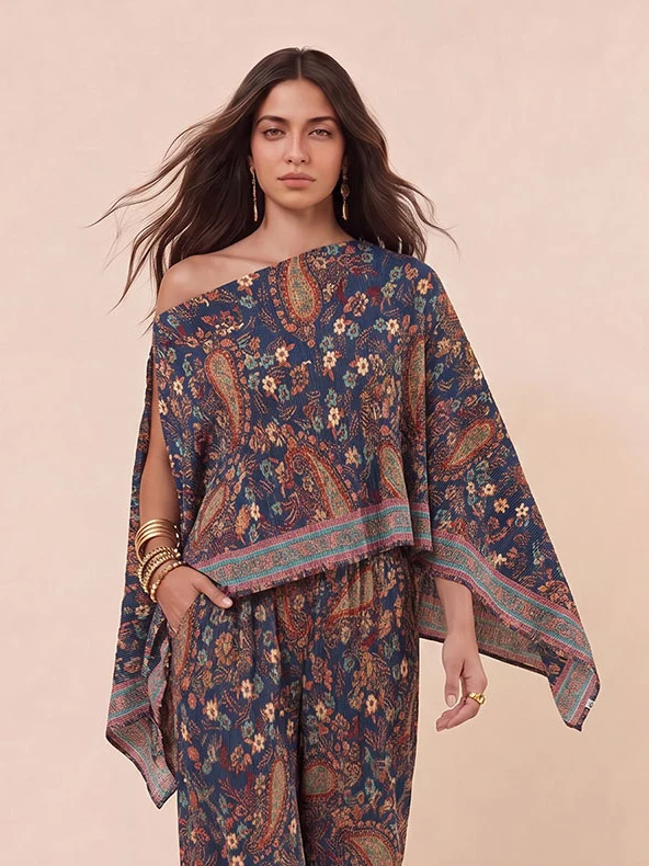 Bohemian Paisley Off-Shoulder Top & Wide-Leg Pants Two-Piece Set