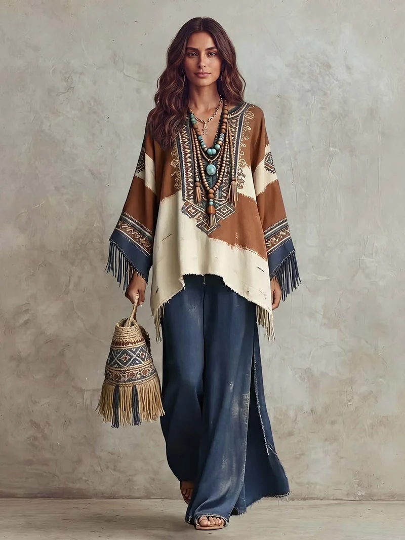 Retro Bohemian Ethnic Print Tassel Shawl Top Two-Piece Set
