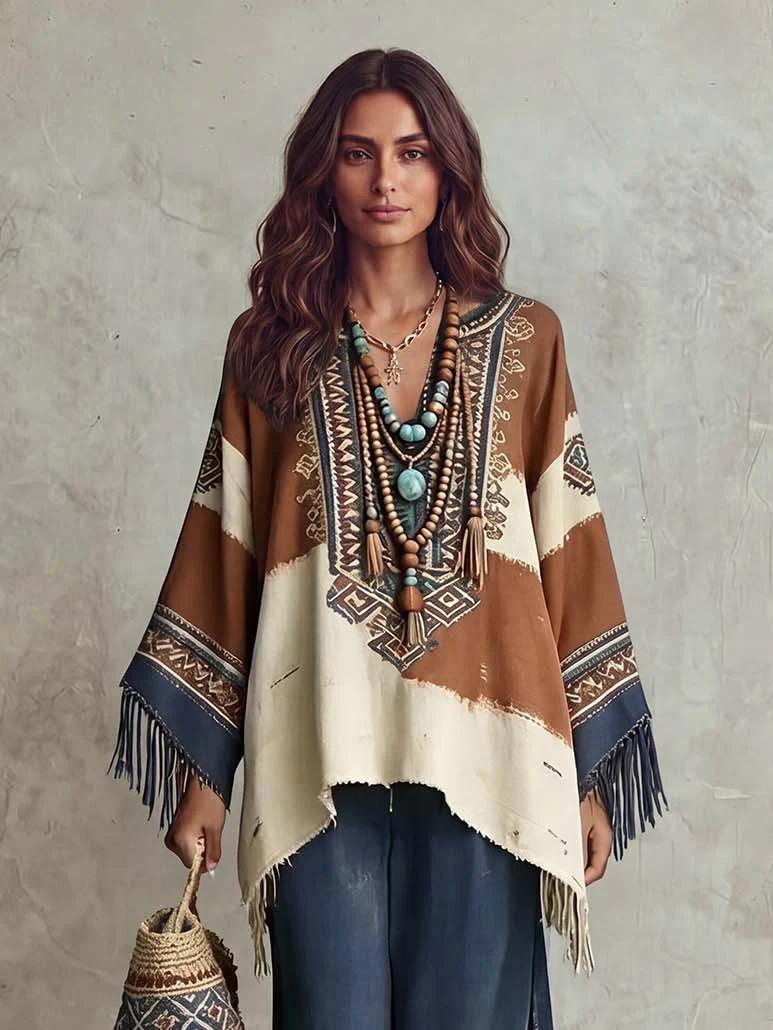 Retro Bohemian Ethnic Print Tassel Shawl Top Two-Piece Set