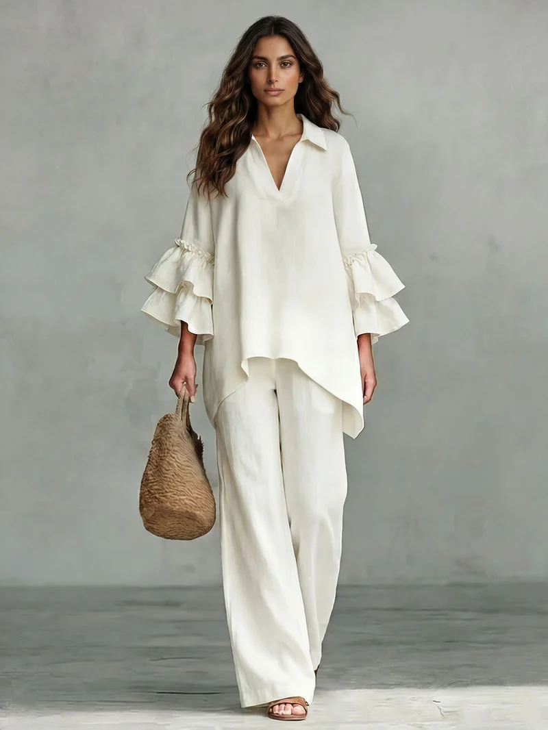 Casual Ruffle Sleeve V-Neck Top & High Waist Wide Leg Pants Set