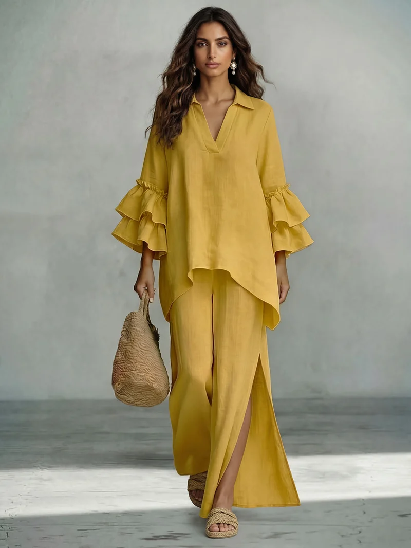 Casual Ruffle Sleeve V-Neck Top & High Waist Wide Leg Pants Set