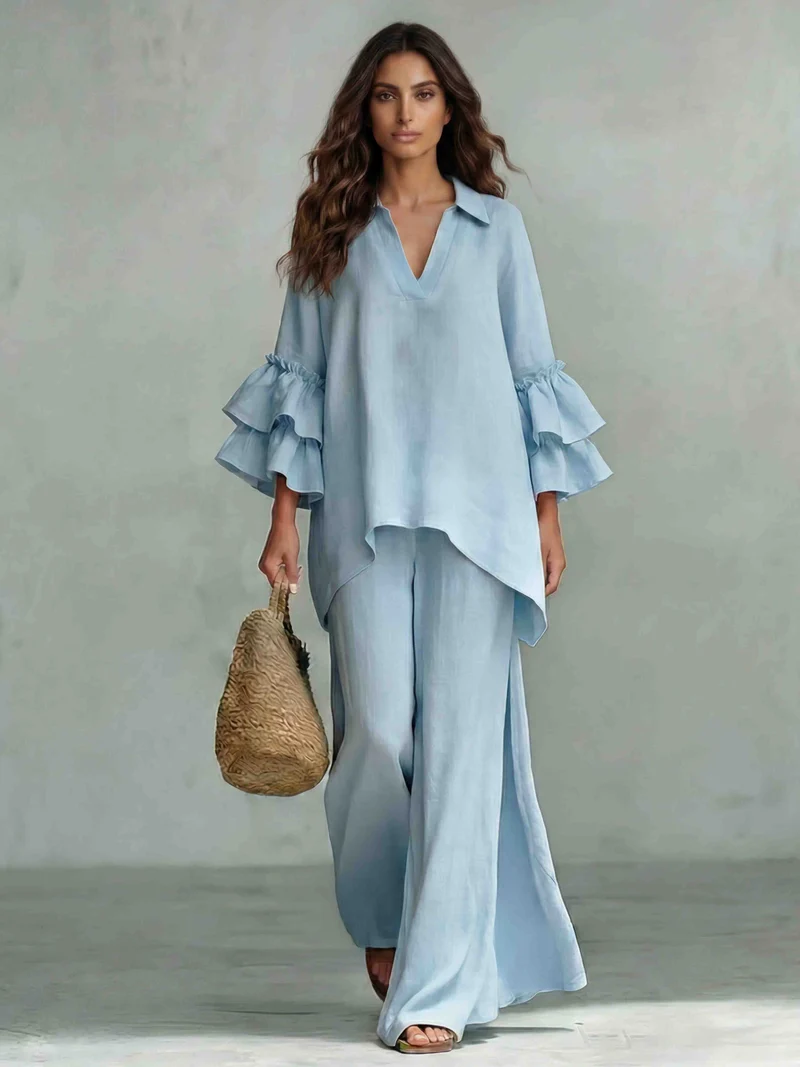 Casual Ruffle Sleeve V-Neck Top & High Waist Wide Leg Pants Set