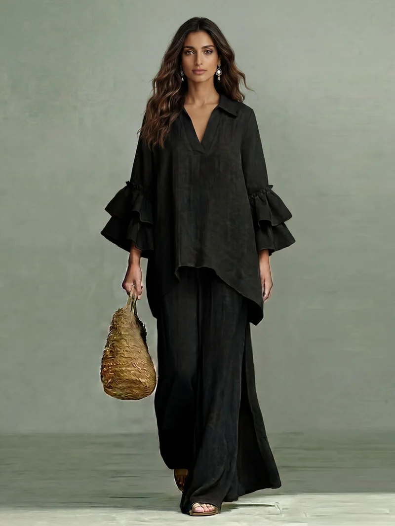 Casual Ruffle Sleeve V-Neck Top & High Waist Wide Leg Pants Set