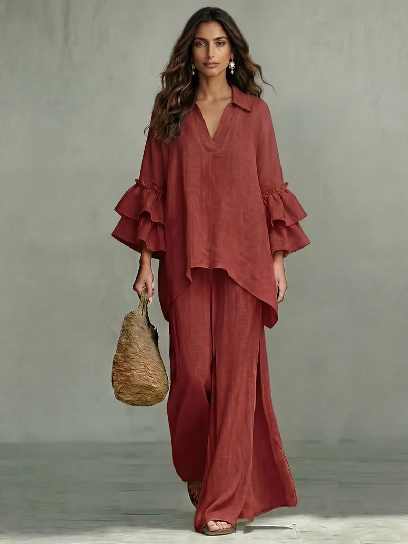 Casual Ruffle Sleeve V-Neck Top & High Waist Wide Leg Pants Set
