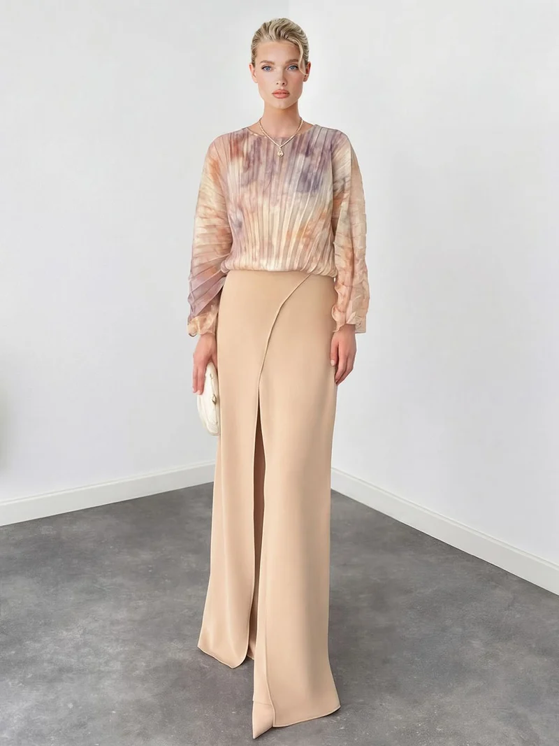 Elegant Pleated Long Sleeve Asymmetrical Wide-Leg Jumpsuit