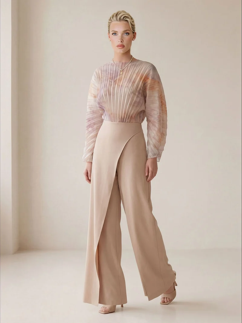 Elegant Pleated Long Sleeve Asymmetrical Wide-Leg Jumpsuit