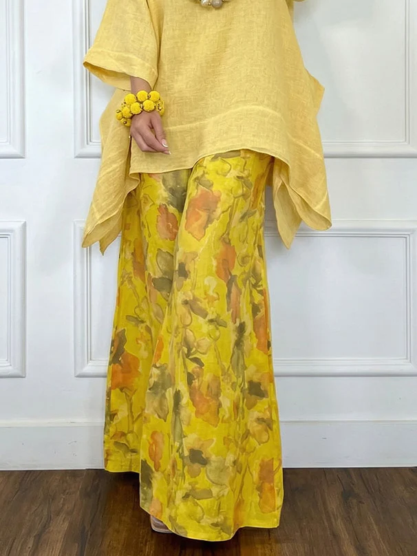 Casual Asymmetrical Top & Printed Wide Leg Pants Set