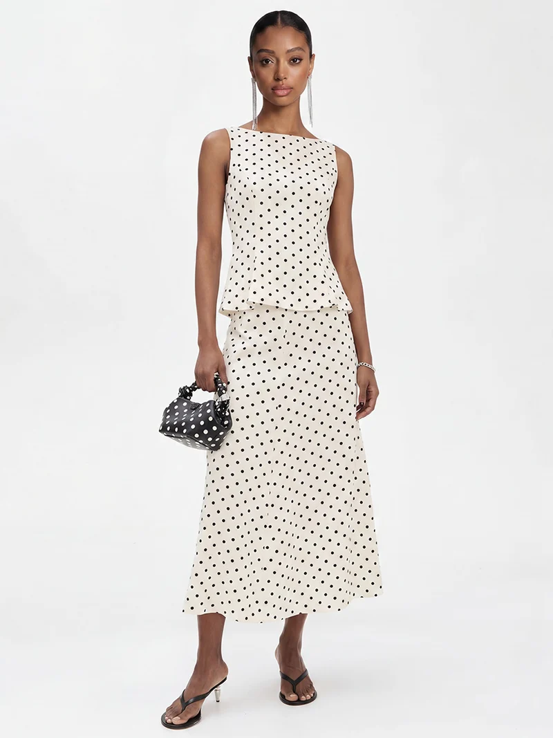 Elegant Polka Dot Sleeveless Top & Skirt Two-Piece Set