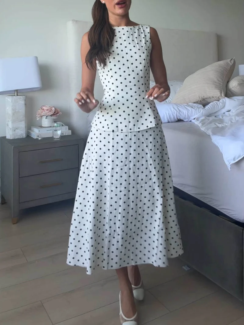 Elegant Polka Dot Sleeveless Top & Skirt Two-Piece Set