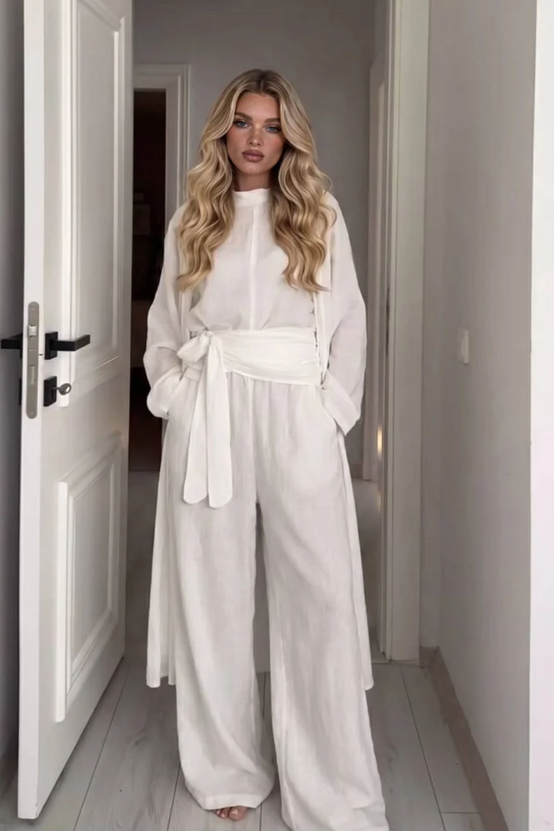 Slit Shirt And Wide Leg Pants Set