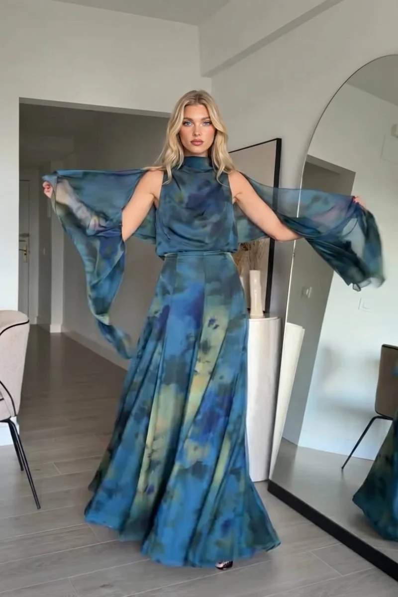 Asymmetric Design Printed Top Scarf And Skirt Set