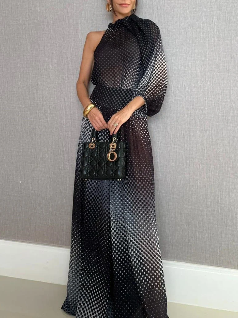 Elegant Gradient Polka Dot One-Shoulder Chiffon Two-Piece Set