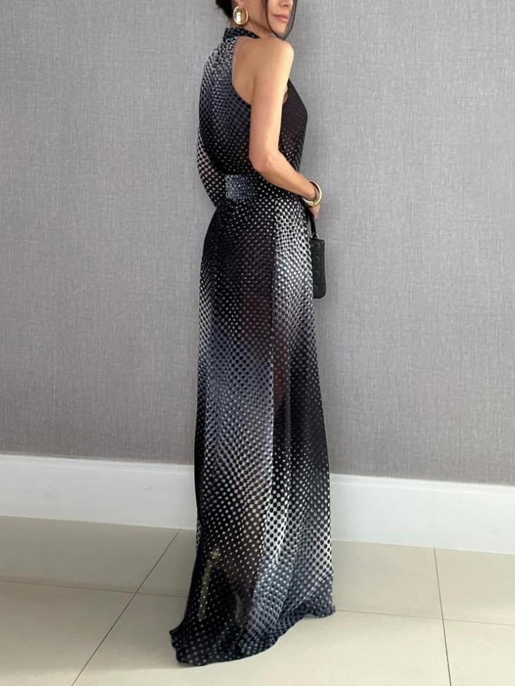 Elegant Gradient Polka Dot One-Shoulder Chiffon Two-Piece Set