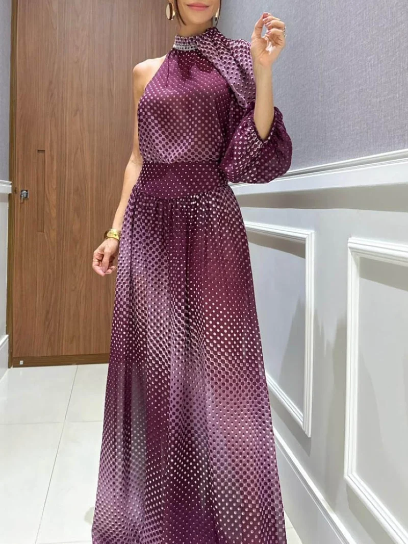 Elegant Gradient Polka Dot One-Shoulder Chiffon Two-Piece Set