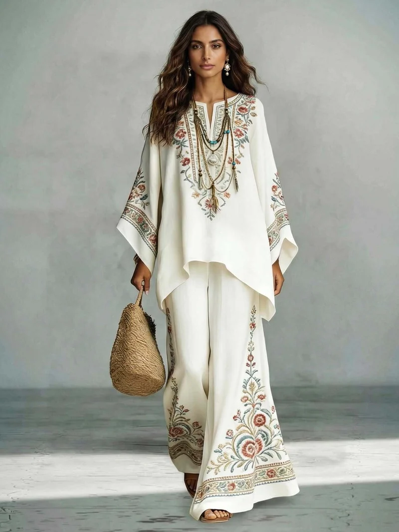 Elegant Satin Floral Print Kaftan Top & Pants Two-Piece Set