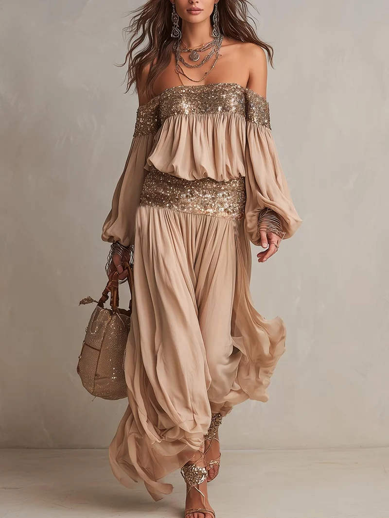 Elegant Off-Shoulder Sequin Embellished Flowy Maxi Dress Two-Piece Set