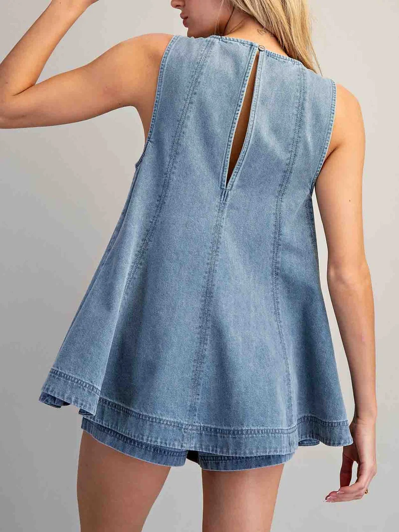 Sleeveless Denim Peplum Top And Shorts Two-Piece Set