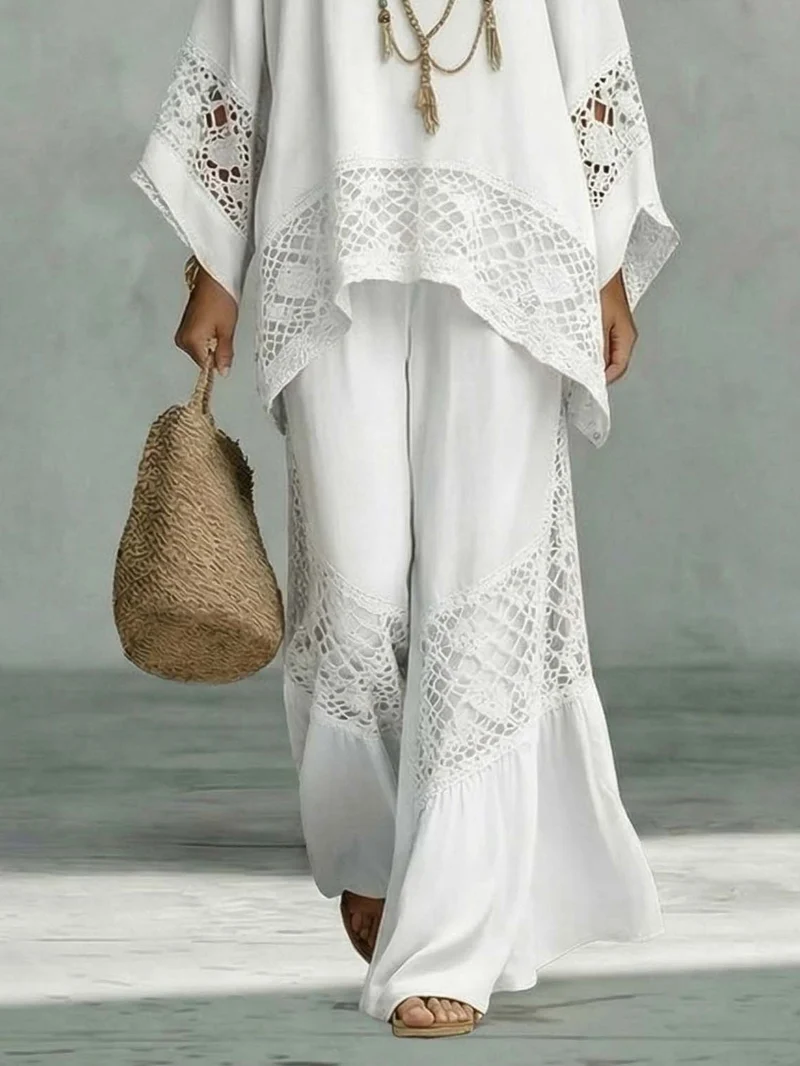 Casual Crocheted Lace Loose Kaftan Top Two-Piece Set