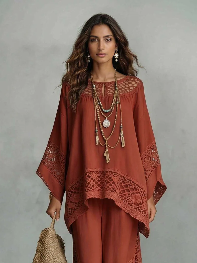 Casual Crocheted Lace Loose Kaftan Top Two-Piece Set