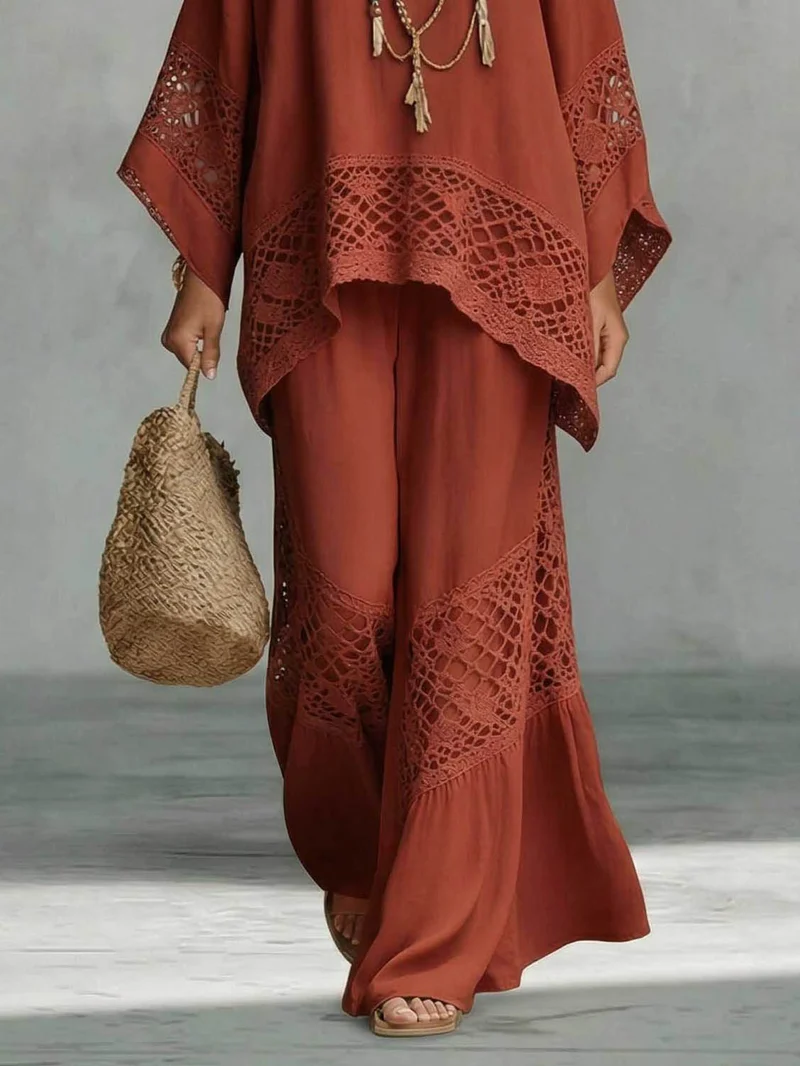 Casual Crocheted Lace Loose Kaftan Top Two-Piece Set