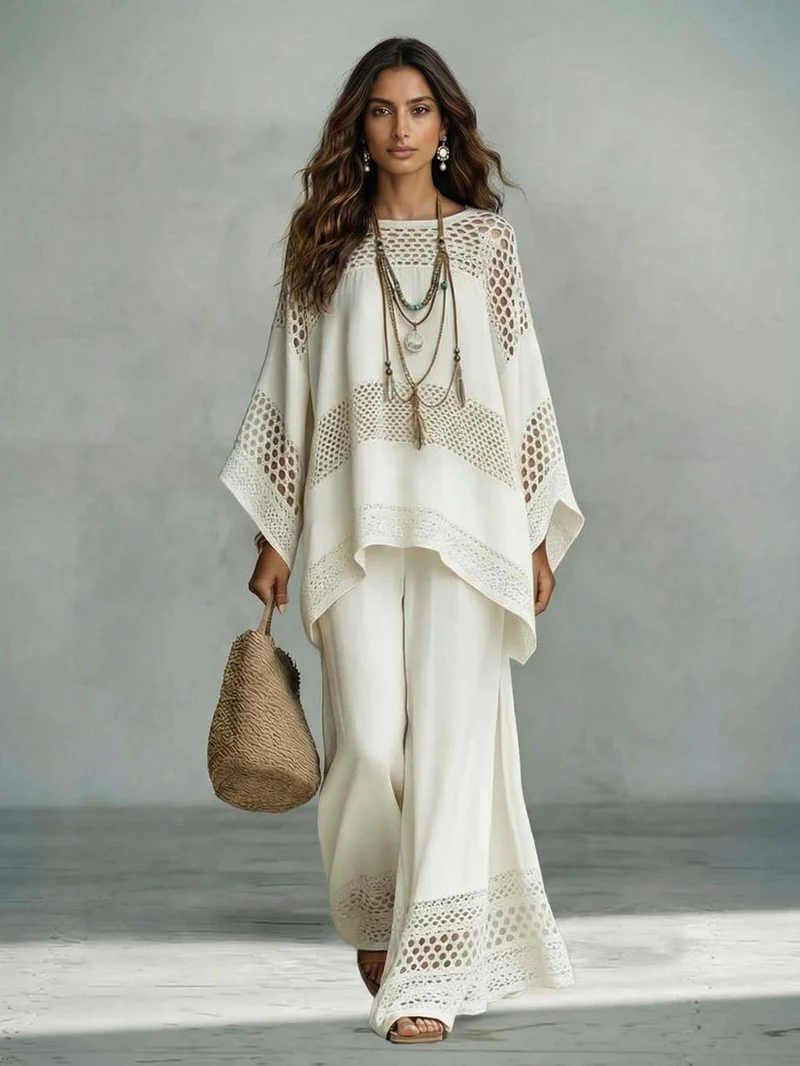 Exquisite Crocheted Lace Wide-Leg Pants Two-Piece Set