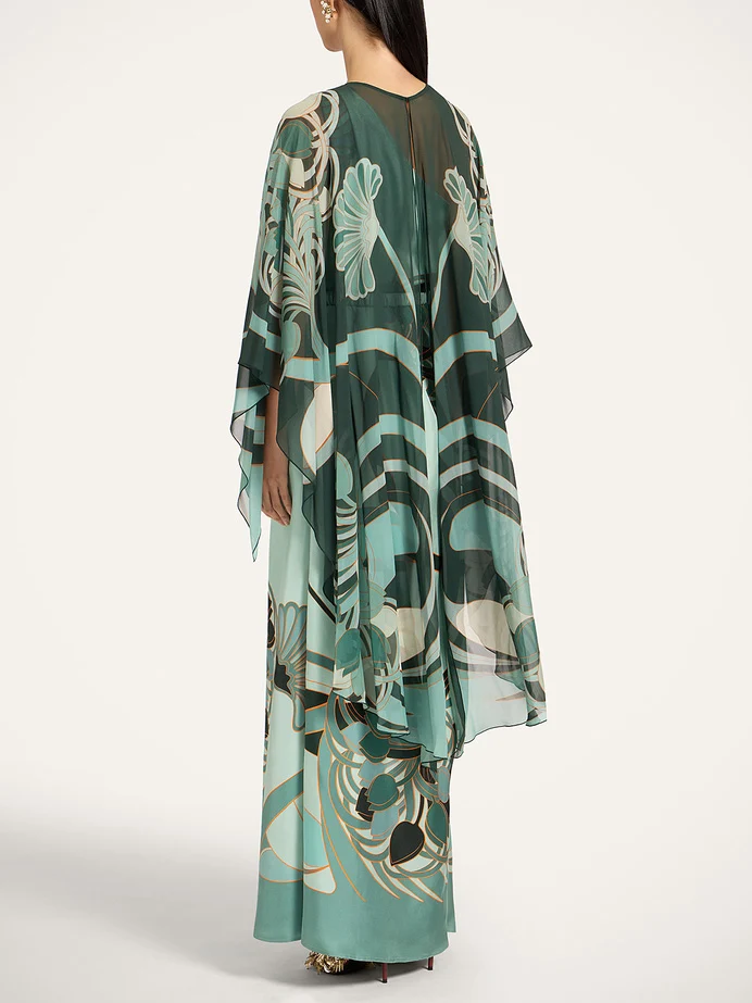 Unique Art Nouveau Printed Tulle Shawl Dress Set