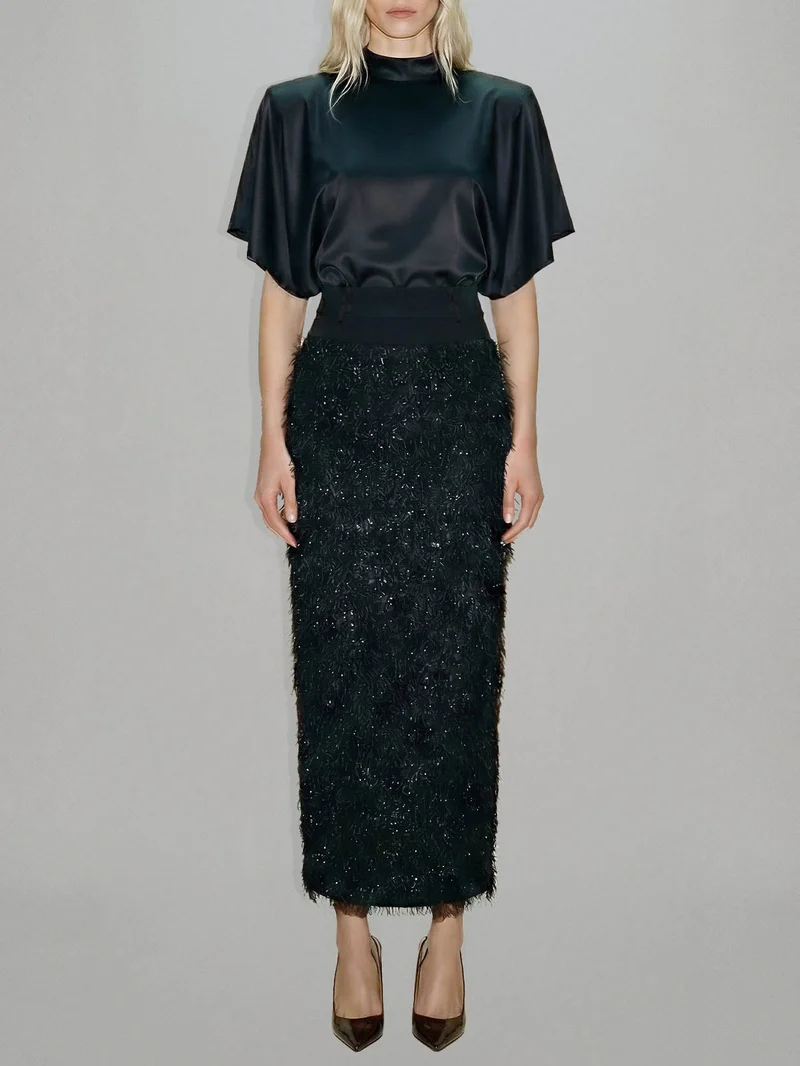 Elegant Satin Top & Sequin Feather Midi Skirt Two-Piece Set