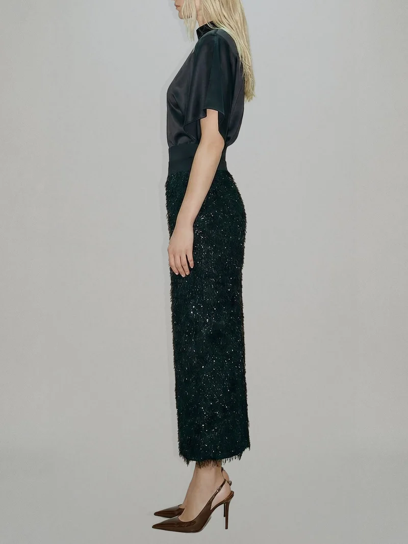 Elegant Satin Top & Sequin Feather Midi Skirt Two-Piece Set